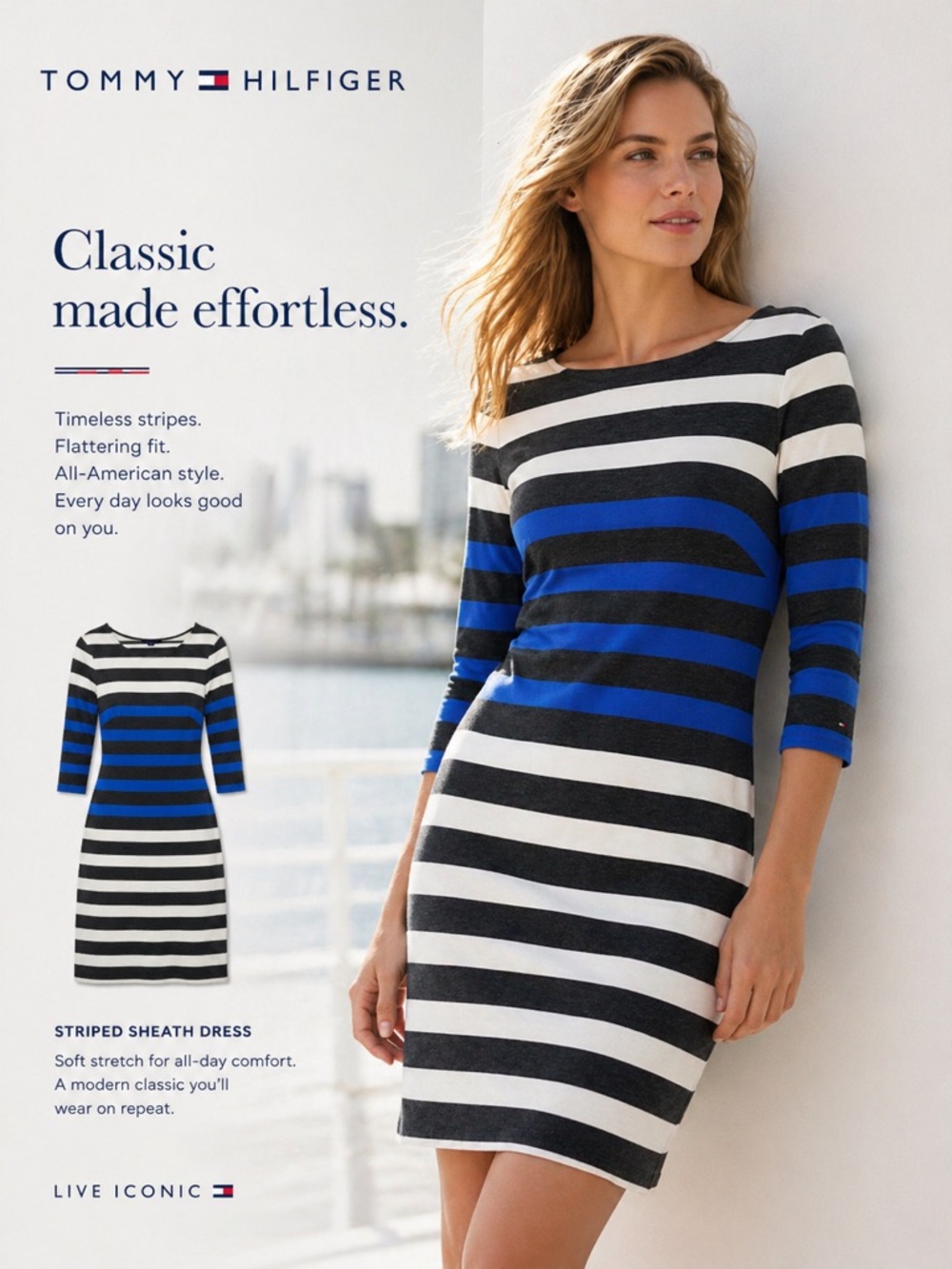 Tommy Hilfiger Blue, Black & White Striped Long-Sleeve Sheath Dress small